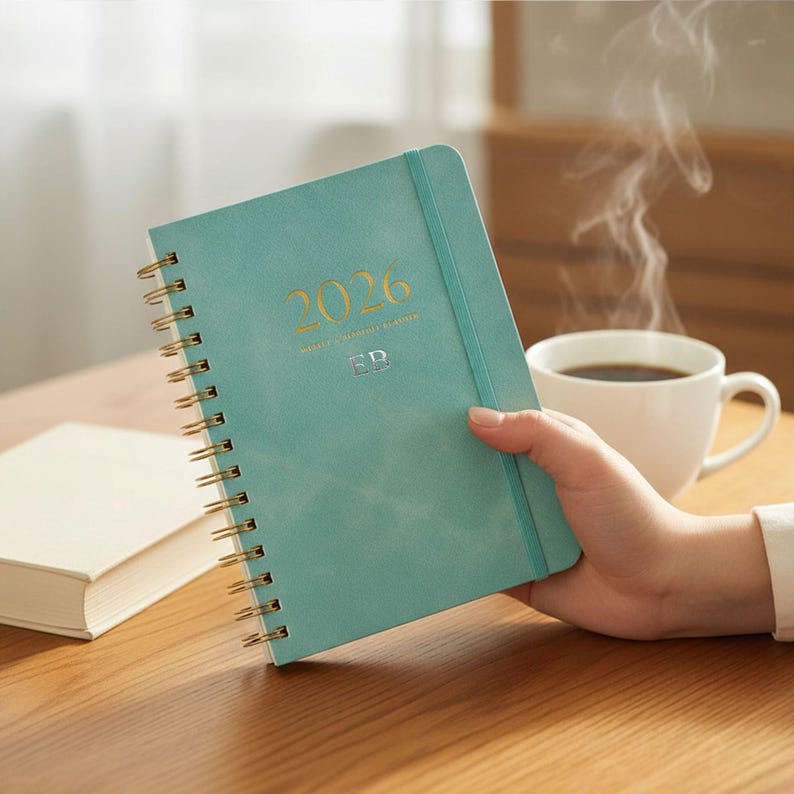 May include: A teal 2026 weekly planner with gold lettering and a spiral binding. The planner has a matching elastic band closure and the initials "EB" are visible. A white coffee cup sits nearby.
