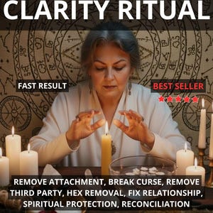 Könnte beinhalten: Ein Bild, das ein "Clarity Ritual" bewirbt, mit einer Frau und brennenden Kerzen. Der Text enthält "Schnelles Ergebnis" und "Bestseller". Zusätzlicher Text erwähnt das Entfernen von Bindungen, das Brechen von Flüchen und spirituellen Schutz.