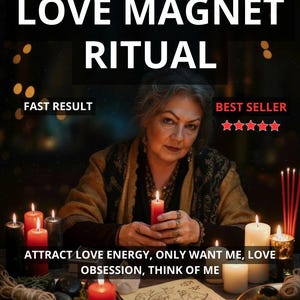 Op de afbeelding: Een afbeelding met de tekst "LOVE MAGNET RITUAL" en "FAST RESULT" en "BEST SELLER". Een vrouw houdt een brandende rode kaars vast, omringd door andere kaarsen en rituele voorwerpen. De tekst "ATTRACT LOVE ENERGY, ONLY WANT ME, LOVE OBSESSION, THINK OF ME" is ook zichtbaar.