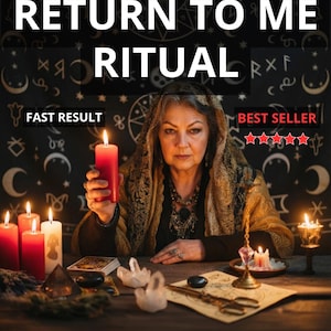 May include: An image featuring a woman holding a red candle, with the text "RETURN TO ME RITUAL" at the top. Other candles and ritual items are on the table. The image also includes the text "FAST RESULT" and "BEST SELLER".