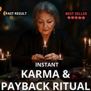 May include: An image of a woman with gray hair, dressed in black, holding a lit candle. The text "INSTANT KARMA & PAYBACK RITUAL" is displayed. Additional text includes "FAST RESULT" and "BEST SELLER". Several lit candles are on the table.