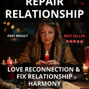 Puede incluir: Imagen de una mujer sosteniendo una vela roja encendida, rodeada de velas, incienso y objetos místicos. Superposiciones de texto que dicen "REPAIR RELATIONSHIP", "LOVE RECONNECTION & FIX RELATIONSHIP HARMONY" y "PHOTO PROOF".