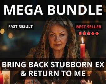 May include: An image featuring a woman with a headscarf, surrounded by candles and mystical items. Text overlays read "GET HIM BACK MEGA BUNDLE," "BRING BACK STUBBORN EX & RETURN TO ME," and "PHOTO PROOF." A red candle is lit, and the words "BEST SELLER" are displayed.