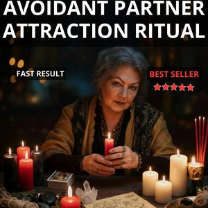 May include: Image of a woman holding a lit red candle, surrounded by other candles, incense, and ritual items. Text reads "Avoidant Partner Attraction Ritual", "Fast Result", "Best Seller", and "Photo Proof".