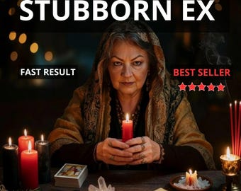 Puede incluir: Imagen con el texto "BRING BACK STUBBORN EX". Una mujer sostiene una vela roja encendida, rodeada de velas, cristales, cartas del tarot e incienso. También se ven las palabras "FAST RESULT" y "BEST SELLER".