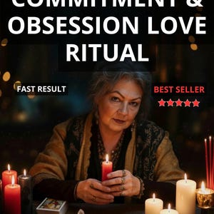 May include: A woman holding a lit red candle, with other candles of different sizes and colours around her. The text "COMMITMENT & OBSESSION LOVE RITUAL" is at the top. Additional text includes "FAST RESULT", "BEST SELLER", and "PHOTO PROOF".