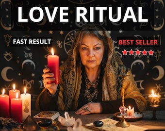 May include: An image promoting an "Obsession Love Ritual" with a woman holding a red candle. The image includes text that says "Fast Result", "Best Seller", and "Photo Proof". Several lit candles and mystical items are on the table.