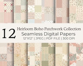 Heirloom Boho Patchwork Collection, Seamless Pattern Bundle, Neutral Floral Digital Paper, Repeating Pattern