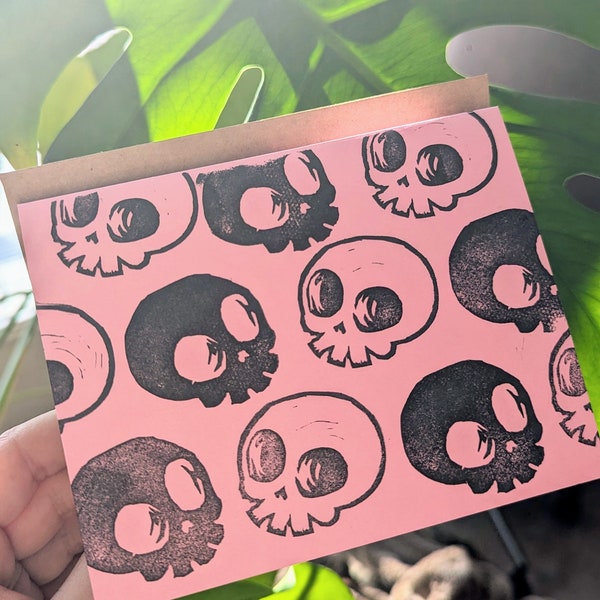 Skull Handmade Block Printed Card Set of 3 blank inside gift all occasions