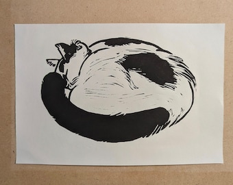 Oeuvre d'art linogravure sieste, cadeau imprimé fait main pour les amoureux des chats