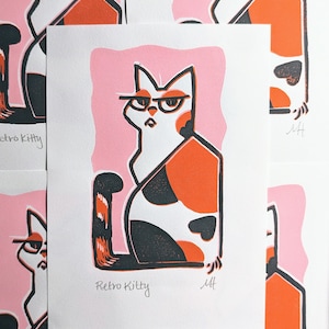 Retro Cat Art Print 5x7 wall decor for calico cat lovers