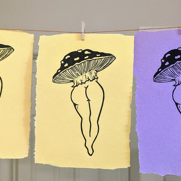 Mushroom Booty Cutie linocut print handmade mushroom wall art