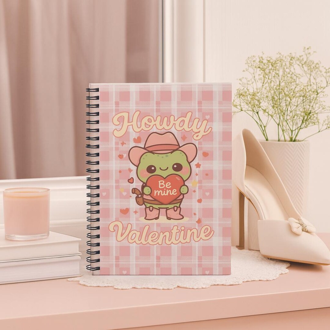 Kawaii Cowboy Frog Howdy Valentine Spiral Notebook | Pink Plaid Hearts ...