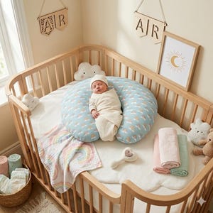 Puede incluir: Un bebé en una cuna con una almohada de lactancia azul claro con un estampado de arcoíris y nubes. Una manta con estampado de arcoíris y otros accesorios para bebés también están en la cuna. La cuna es de madera clara.