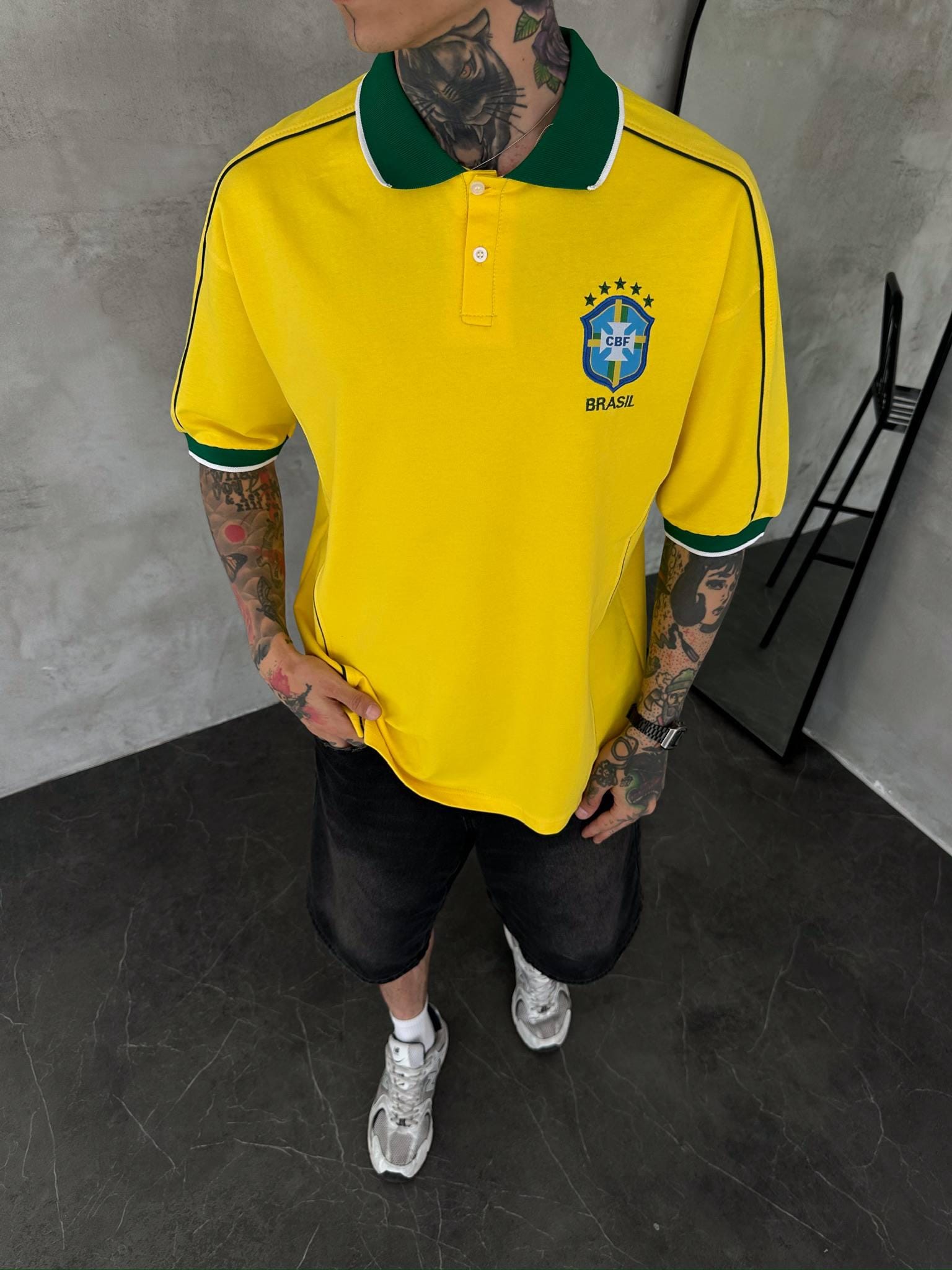 Brazil Football Logo Embroidered Polo Shirt, Vintage Brasil Soccer Jersey, Retro Brazilian National Team Cotton Oversized Tee World Cup 2026
