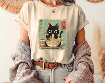 Camiseta Ramen Cat, Camiseta Ramen Cat Black Cat, Camiseta de cocina japonesa, Camisetas con estampado kawaii, Regalo Miresgal Black Cat, Camiseta unisex