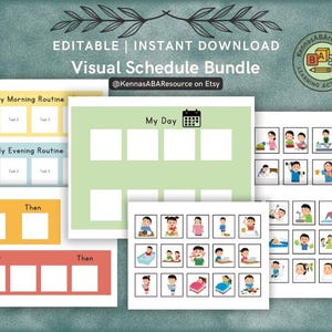 May include: A visual schedule bundle, available for instant download and editing. Includes templates for morning and evening routines, a "My Day" schedule, and "First Then" boards. Features illustrations of daily activities.