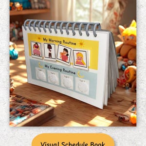May include: A spiral-bound visual schedule book featuring a yellow section titled My Morning Routine with four illustrated task cards and a light blue section titled My Evening Routine with four blank white squares labeled Task 1 through Task 4.