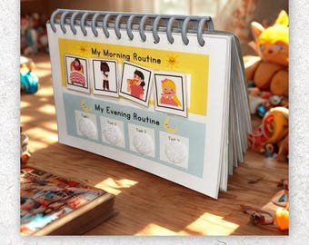 May include: A spiral-bound visual schedule book featuring a yellow section titled My Morning Routine with four illustrated task cards and a light blue section titled My Evening Routine with four blank white squares labeled Task 1 through Task 4.