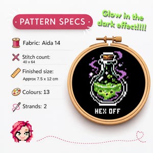May include: A cross-stitch project in a wooden hoop featuring a pixel art potion bottle with green liquid and purple smoke, labeled HEX OFF. Pattern specs include Aida 14 fabric, a 40 by 64 stitch count, 13 colors, 2 strands, and a 7.5 by 12 cm size.