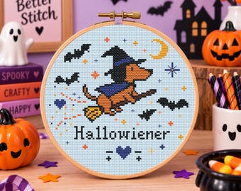 Halloween Dachshund Cross Stitch Pattern | Witch Sausage Dog Hallowiener
