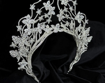 Silver Plated Butterfly Bridal Crown, Nature Inspired Wedding Tiara, Elven Hair Accessories