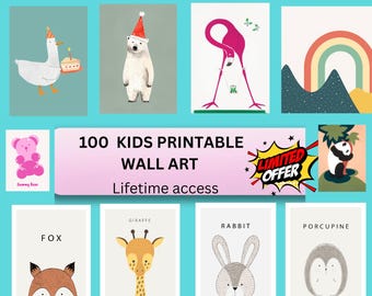 100 Kids Animal Art Prints, Playroom Nursery Decor (Instant Download)