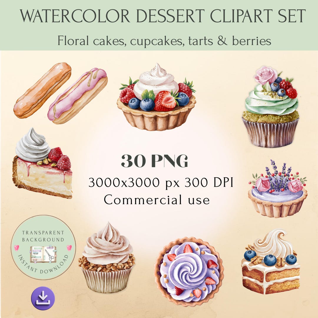 Watercolor Dessert Clipart Set, Floral Cakes, Cupcakes, Tarts & Berries ...