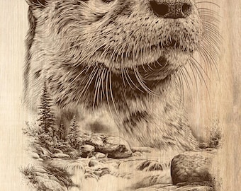 Otter Engraving PNG — River Wildlife Landscape 300 DPI, Laser Ready Digital Download