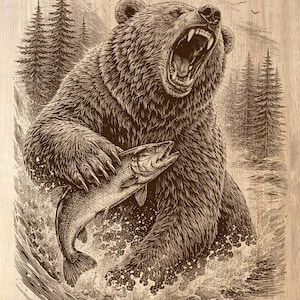 May include: A detailed sepia-toned illustration of a grizzly bear catching a fish in a river. The bear is roaring with its mouth open, holding the fish in its claws. Trees and birds are in the background.