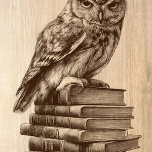 以下が含まれることがあります： 5冊の本の山の上に止まっているフクロウのダークブラウンのインクイラスト。フクロウは詳細な羽と鋭い目を持っています。金色のバナーにLASER READY PNG 300DPIというテキストがあり、下部にFRONTIERENGRAVE.COと印刷されています。