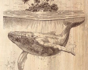 May include: A detailed illustration of a whale swimming beneath the ocean's surface, with a tropical island scene above. The artwork is in a sepia tone, giving it a vintage feel. The image is set against a wood grain background.