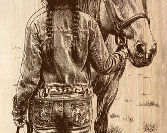 Cowgirl and Horse Vintage Engraving: Western Ranch Decor (Digital Art File)