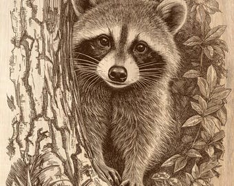 Curious Raccoon in Tree PNG | Woodland Animal Laser File for Wood | Rustic Forest Engraving
