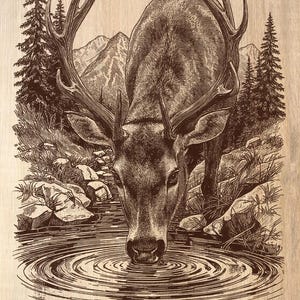 Deer Drinking Water PNG – Laser Engraving File, Rustic Wildlife Art (Digital Download)