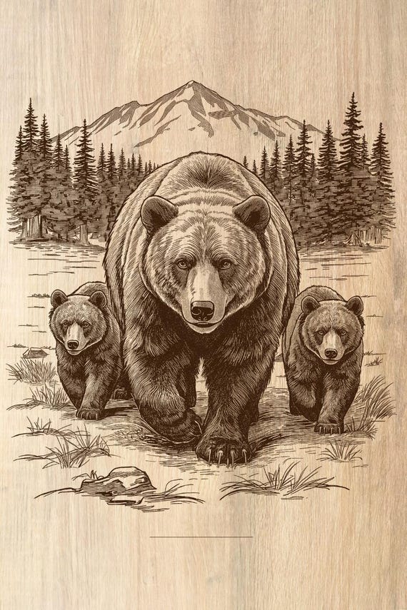 Mama Bear and Two Cubs Engraving File: Rustic Wildlife Art (PNG