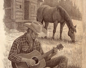 Cowboy Guitar Art PNG: Detailed Laser Engraving File (Digital Download)