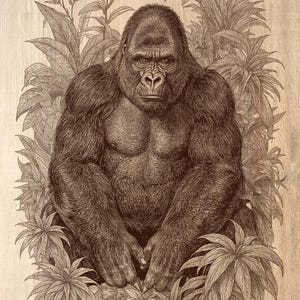 Könnte beinhalten: Detaillierte Illustration eines Gorillas, umgeben von üppigem Laub. Der Gorilla ist in sitzender Position dargestellt, mit einem strengen Gesichtsausdruck. Das Kunstwerk ist in Braun- und Schwarztönen gehalten und bildet einen starken Kontrast zum hellen Holzgrund.