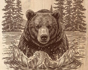 Grizzly Bear Lake Engraving: Rustic Cabin Art (PNG File)