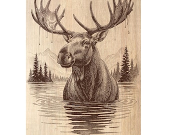 May include: A detailed sepia-toned illustration of a moose standing in water, with its antlers prominently displayed. The artwork features a mountain range and pine trees in the background, creating a serene, natural scene. The moose's reflection is visible in the water.