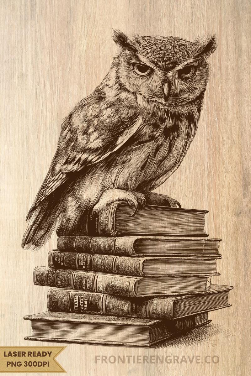 Great Horned Owl on Books Laser Engraving PNG &ndash; Vintage Wildlife Art, Digital Download