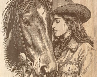 Cowgirl and Horse Portrait PNG: Vintage Engraving (Digital Download)