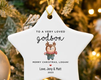 Godson Personalized Ornament: Reindeer Ceramic Tree Decor