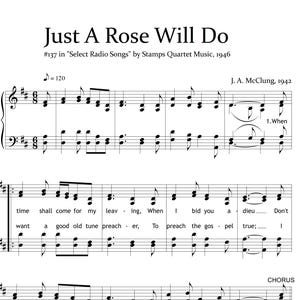 Puede incluir: Partitura musical titulada "Just A Rose Will Do" de J.A. McClung, publicada en 1946. La partitura está escrita en tinta negra sobre fondo blanco, con letras y notas musicales. Incluye un logotipo con las letras "HMS".