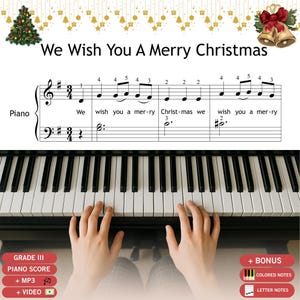 Partitura para piano de "We Wish You a Merry Christmas": Notas a color de nivel 1