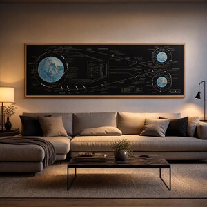 May include: A large, horizontal, rectangular wall art piece featuring a black background with detailed white technical diagrams, orbital paths, and two circular illustrations of the Earth. The artwork is encased in a light-colored wooden frame.