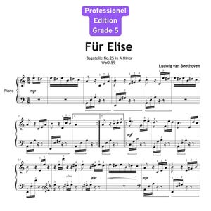 Könnte beinhalten: Eine Notenblattseite für Für Elise, Bagatelle Nr. 25 in a-Moll, WoO 59 von Ludwig van Beethoven. Das Dokument ist als Professionel Edition Grade 5 gekennzeichnet und enthält Standard-Musiknotation für Klavier mit Fingersätzen.