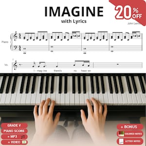 Könnte beinhalten: Ein digitales Klaviernotenblatt für das Lied Imagine von John Lennon, das schwarze und weiße Notenschrift auf einem Notensystem mit Liedtext zeigt. Die Partitur enthält Klavier- und Gesangsstimmen sowie Textbeschriftungen für Grade V, MP3 und Video-Bonus.