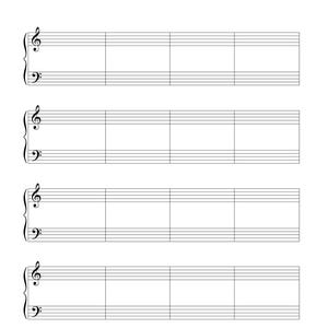 Peut inclure: Une feuille de papier à musique vierge présentant quatre systèmes de portée. Chaque système se compose d'une clé de sol et d'une clé de fa reliées par une accolade, avec quatre mesures vides par ligne, en encre noire sur fond blanc.