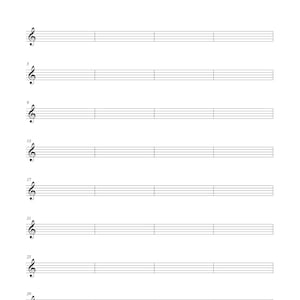 May include: A blank musical staff sheet featuring eight rows of five-line staves, each beginning with a treble clef. The document is organized with numbered measures starting from one and progressing to twenty-nine, presented on a white background.